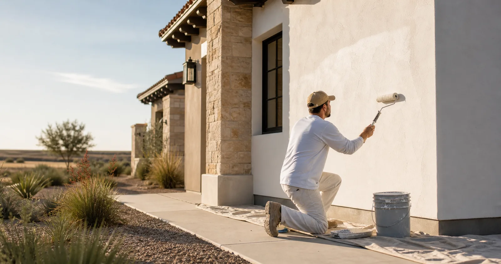 Painter applying a fresh coat to a West Texas home